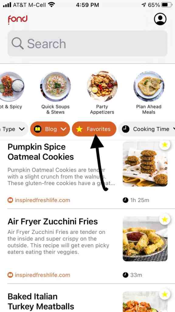 Screenshot of the favorites tab in the Fond app.